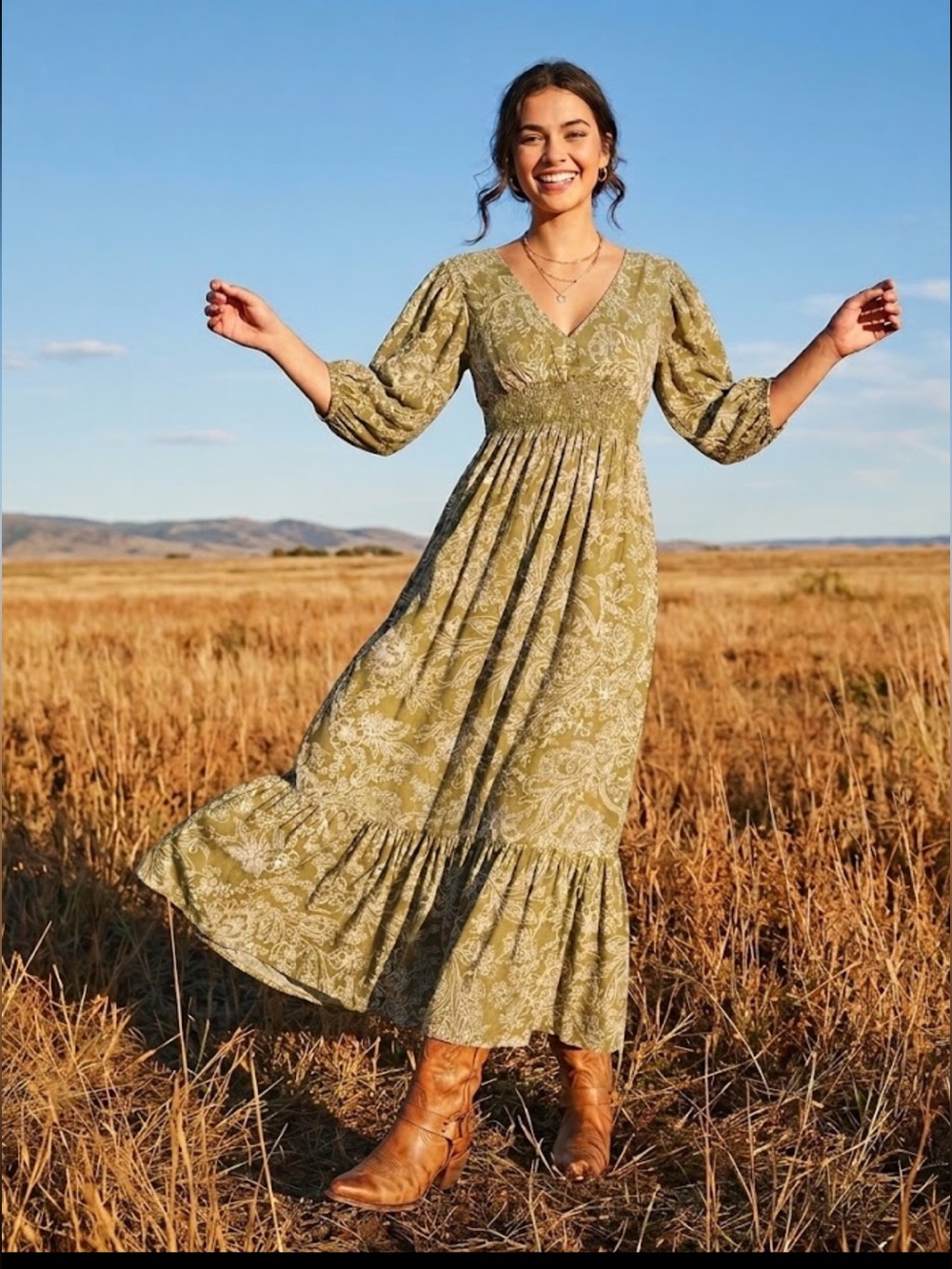 Patrons of‎ Peace Maxi Dress Sz S Green Floral Smocked Puff Sleeve Pockets Boho